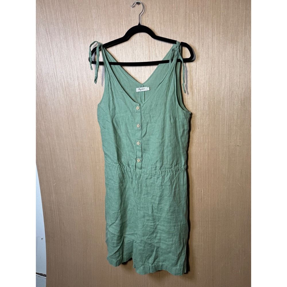 Magic Linen Womens Sage Green 100% Linen Tie Shoulder Button Front Romper Size L
